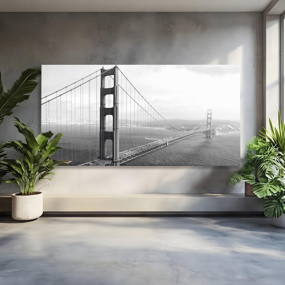 Tablou canvas cu fotografie alb-negru cu podul golden gate, fara rama, pe sasiu de lemn
